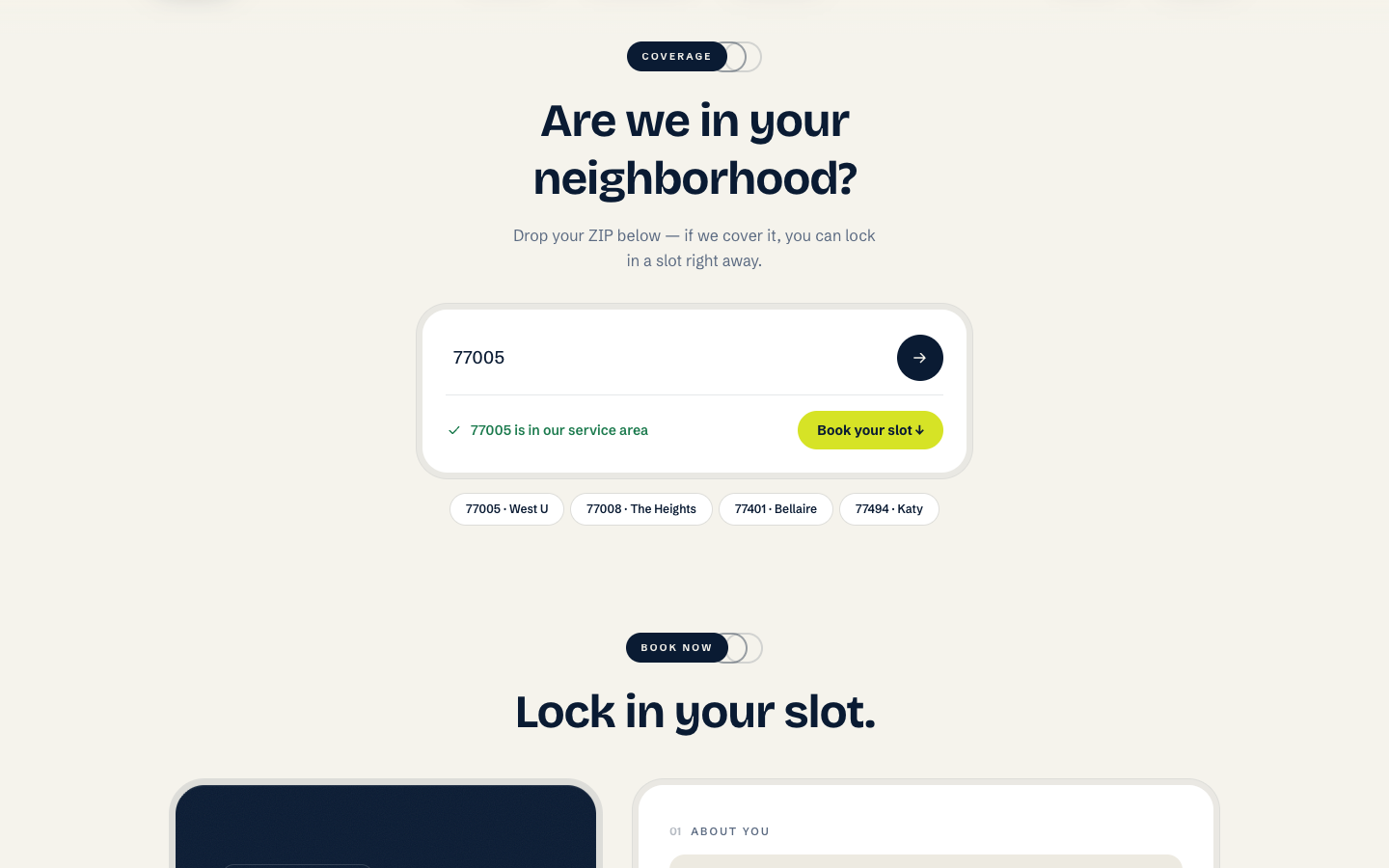 ZIP coverage check with in-area confirmation