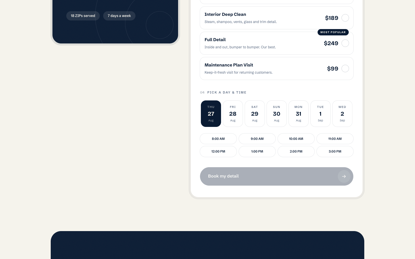 Service cards and the 7-day hourly slot picker