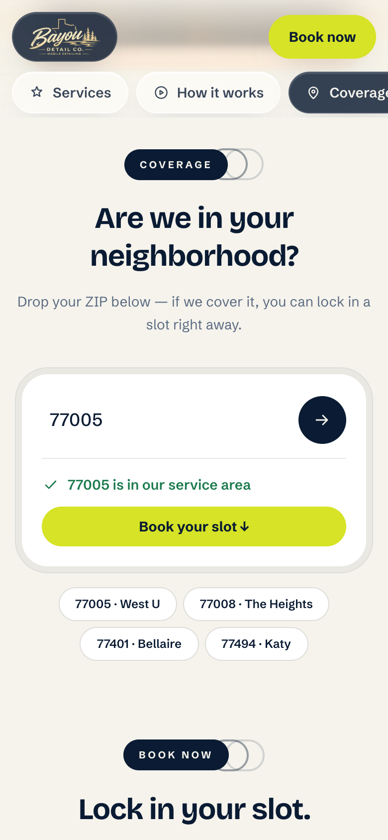Phone views: hero, ZIP gate, and slot picker