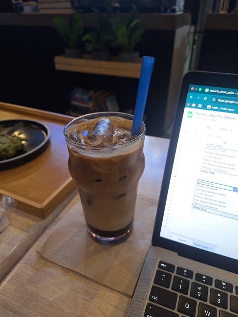 Iced coffee beside a spreadsheet