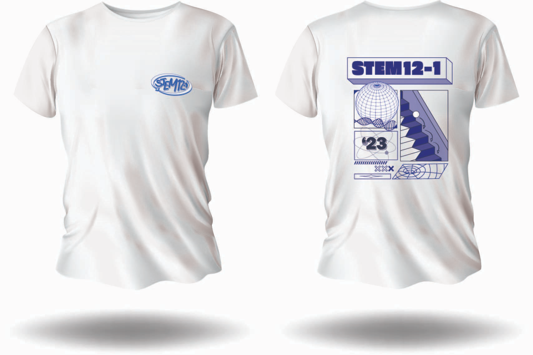 STEM 12-1 batch shirt — single-ink acid-graphic back print with wireframe globe and impossible staircase