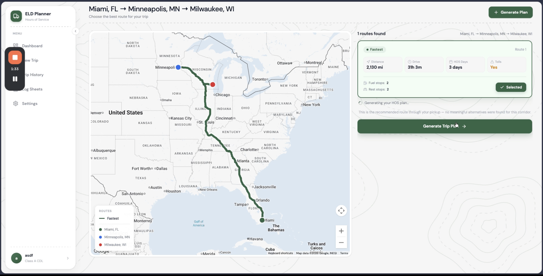 Route selection with scored route options