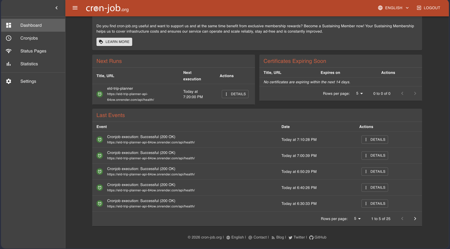 cron-job.org dashboard pinging the health endpoint