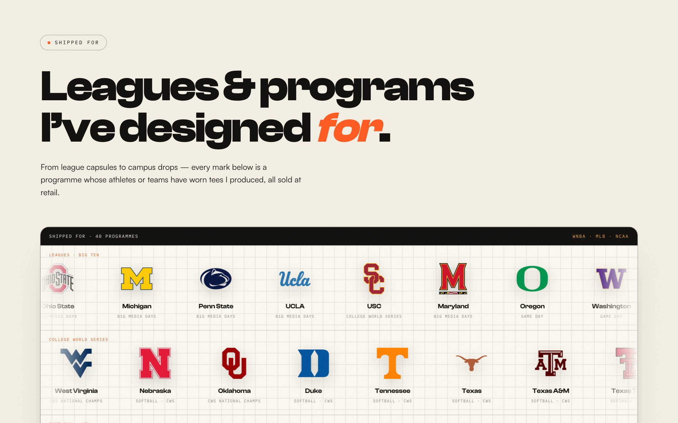 Shipped for: a logo wall of 40 programmes across the WNBA, MLB and NCAA