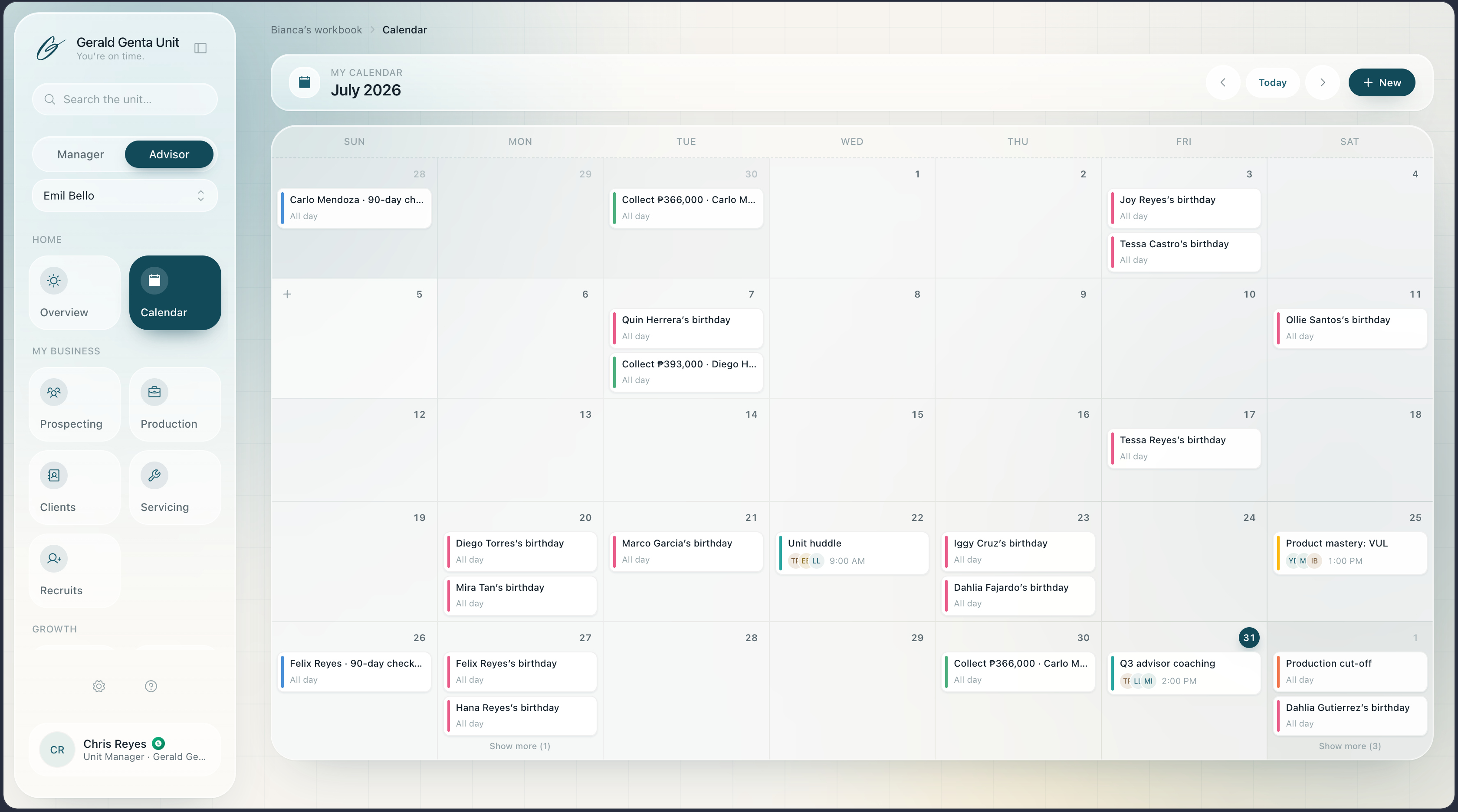 Advisor calendar with Google Calendar-connected schedule and automated client reminders
