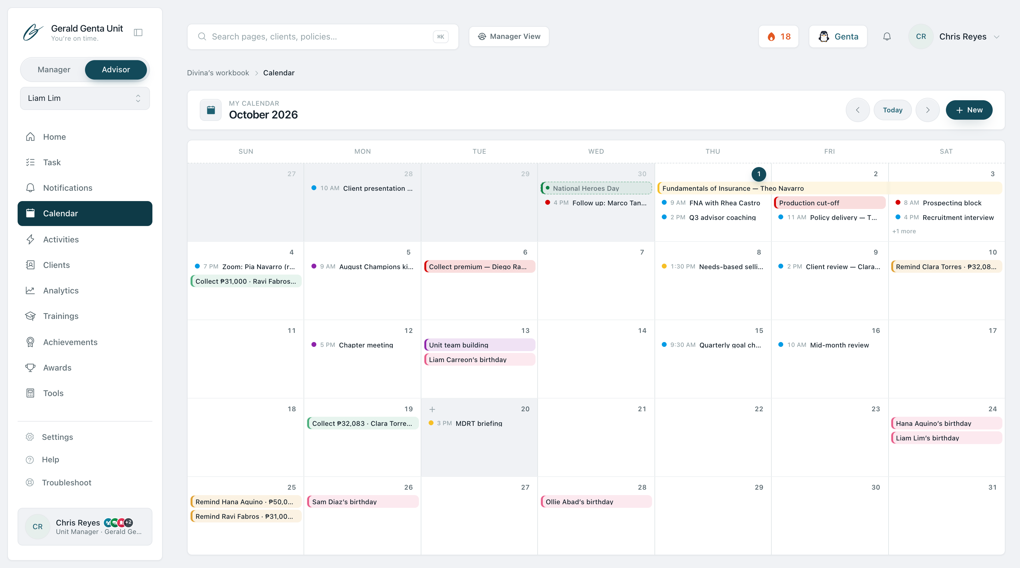 Advisor calendar month view with color-coded collections, birthdays, huddles, and production cut-offs