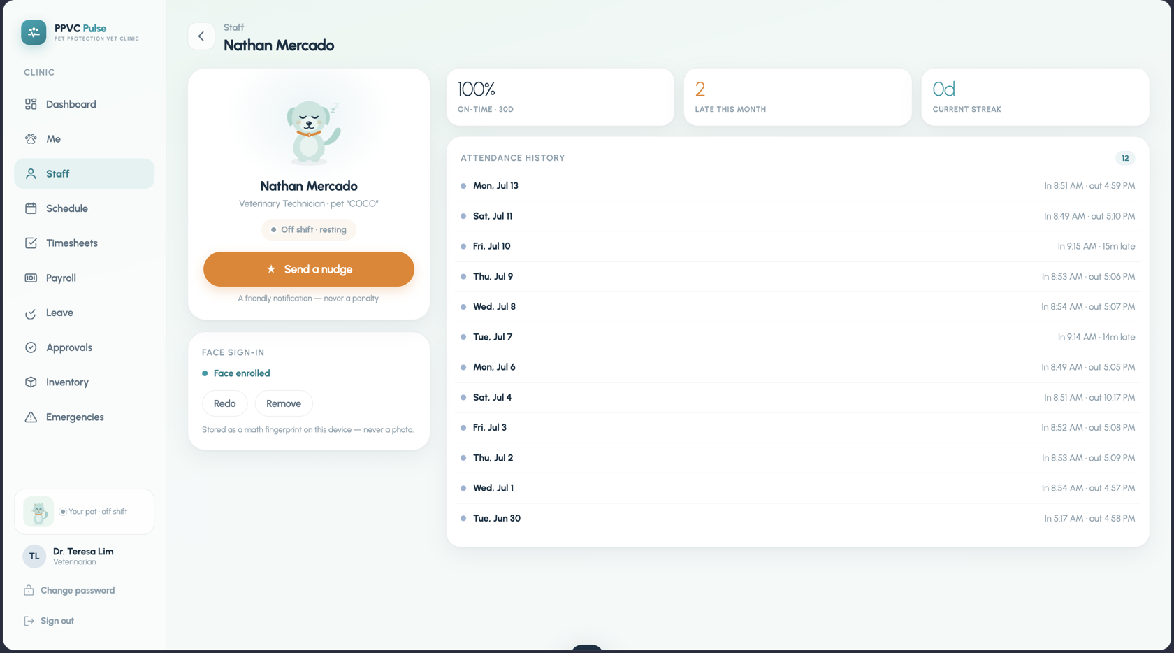 A staff profile — pet companion, on-time stats, attendance history, and the “send a nudge” button